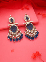 Thumbnail for Tehzeeb Creations Latest Blue Colour Gold Polish Kundan & Pearl Studded Designer Drop Long Earrings For Women And Girls Maroon - Distacart