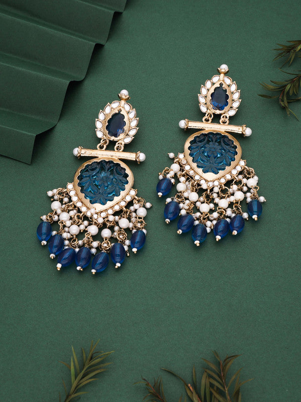 Tehzeeb Creations Latest Blue Colour Gold Polish Kundan & Pearl Studded Designer Drop Long Earrings For Women And Girls Maroon - Distacart