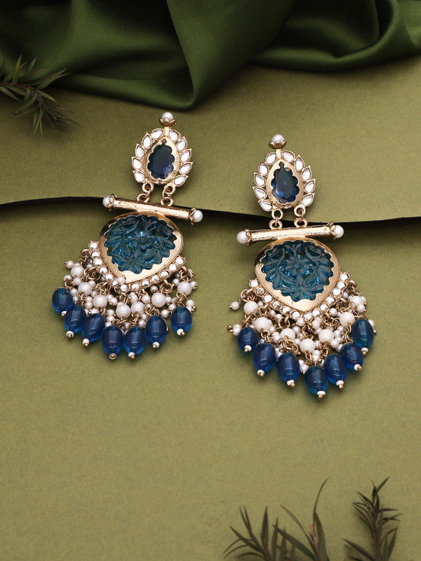 Tehzeeb Creations Latest Blue Colour Gold Polish Kundan & Pearl Studded Designer Drop Long Earrings For Women And Girls Maroon - Distacart