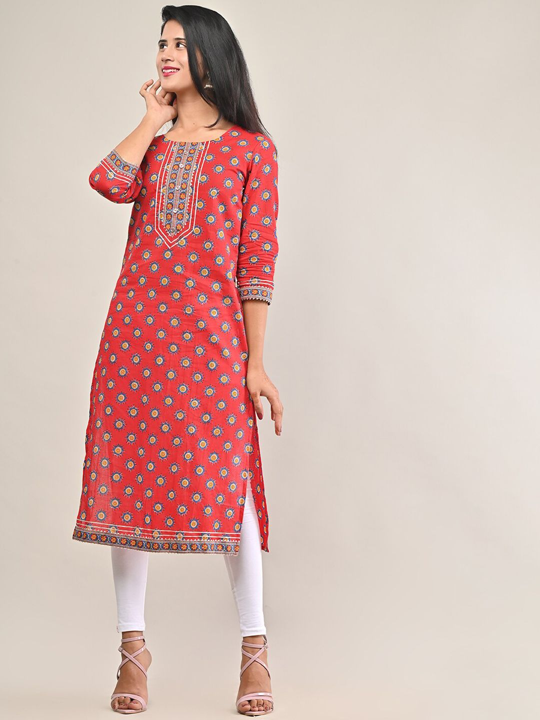 Swasti Women Red Ethnic Motifs Printed Straight Fit Pure Cotton Kurta - Distacart