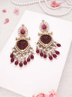 Thumbnail for Tehzeeb Creations Latest Rani Pink Gold Polish Kundan & Pearl Studded Designer Drop Long Earrings For Women And Girls Lavender - Distacart