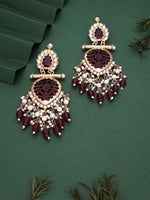 Thumbnail for Tehzeeb Creations Latest Rani Pink Gold Polish Kundan & Pearl Studded Designer Drop Long Earrings For Women And Girls Lavender - Distacart