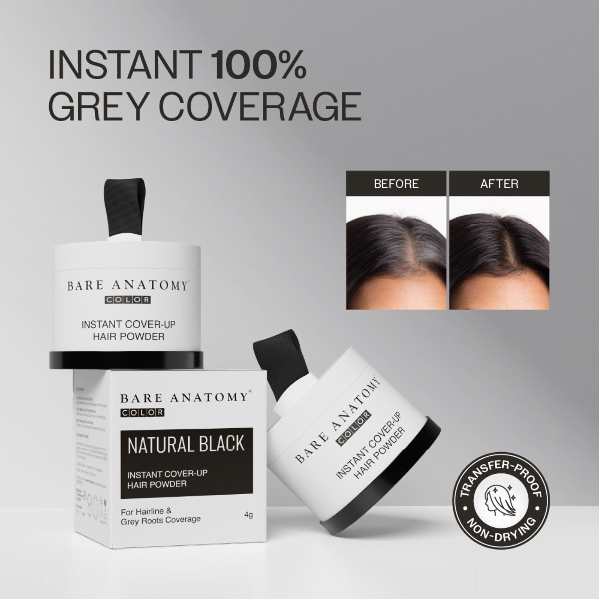 Bare Anatomy Cover-Up Hair Powder 100% Instant Grey Coverage Seamless Natural Finish - Black - Dista