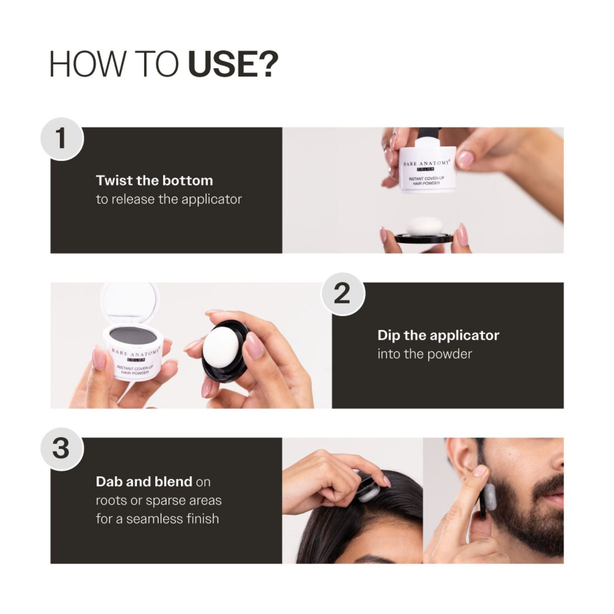 Bare Anatomy Cover-Up Hair Powder 100% Instant Grey Coverage Seamless Natural Finish - Black - Dista