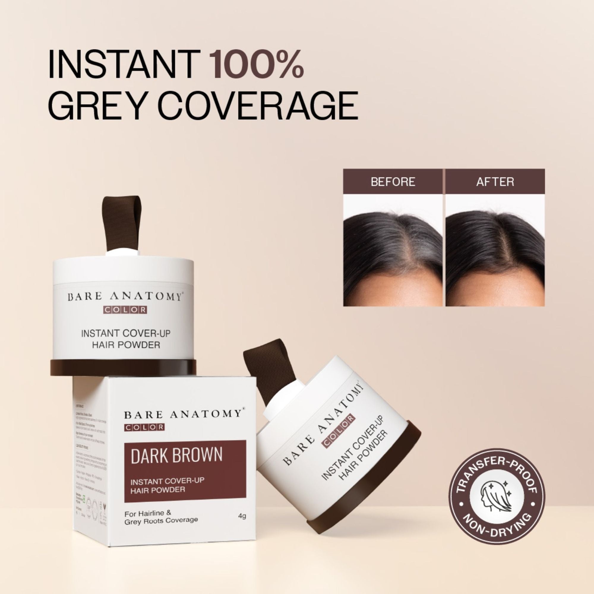 Bare Anatomy Cover-Up Hair Powder 100% Instant Grey Coverage Seamless Natural Finish - Brown - Dista