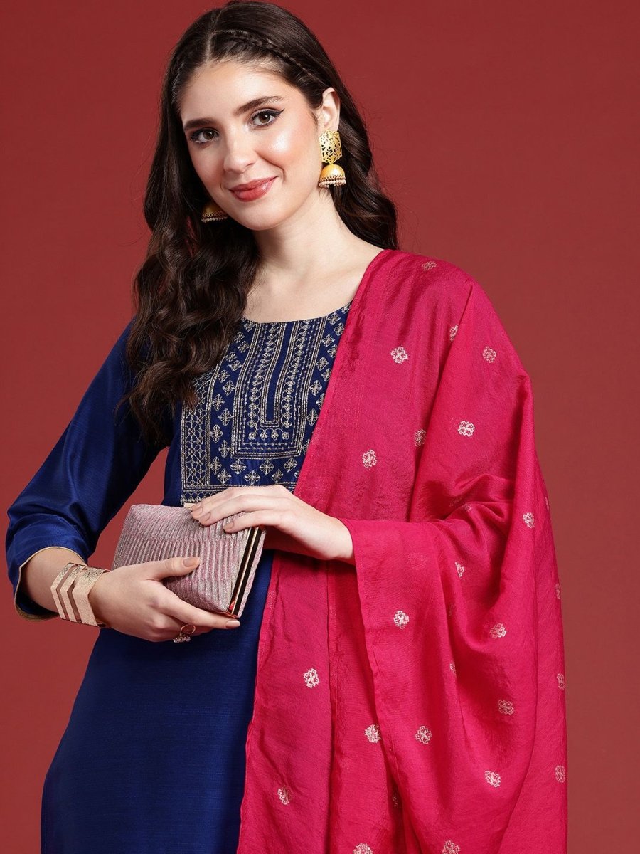 Anouk Women Ethnic Motifs Yoke Design Thread Work Kurta with Trousers & With Dupatta - Distacart