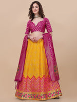 Thumbnail for Lorenvalley Fashion Yellow Brocade Fabric Lehenga & Unstitched Blouse With Dupatta - Distacart