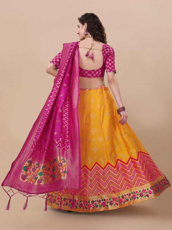 Lorenvalley Fashion Yellow Brocade Fabric Lehenga & Unstitched Blouse With Dupatta - Distacart