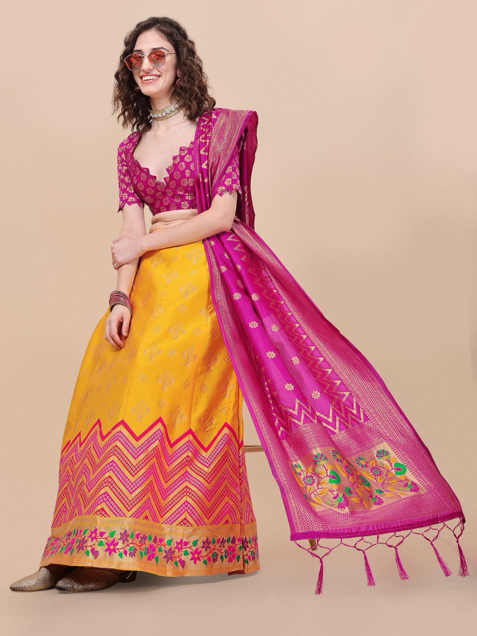 Lorenvalley Fashion Yellow Brocade Fabric Lehenga & Unstitched Blouse With Dupatta - Distacart