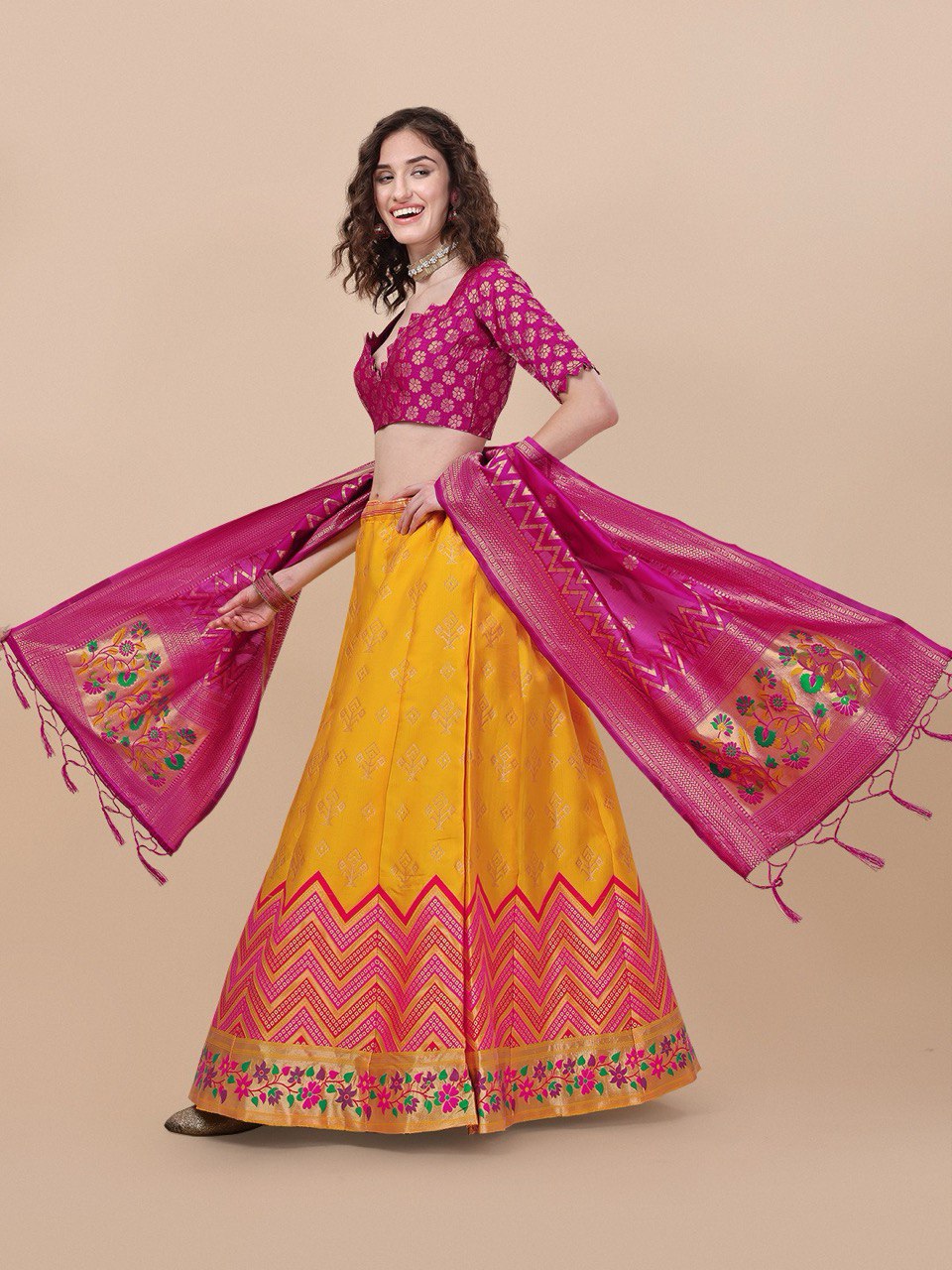 Lorenvalley Fashion Yellow Brocade Fabric Lehenga & Unstitched Blouse With Dupatta - Distacart