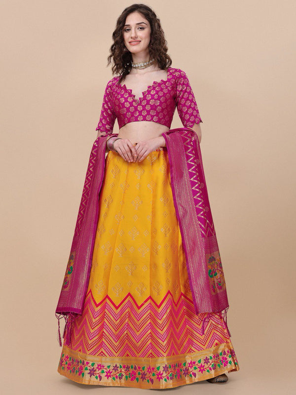 Lorenvalley Fashion Yellow Brocade Fabric Lehenga & Unstitched Blouse With Dupatta - Distacart