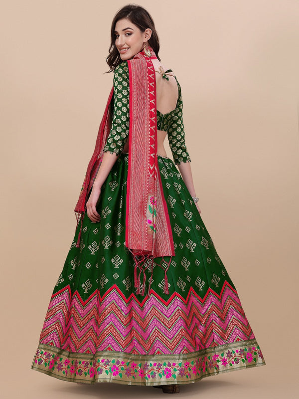 Lorenvalley Fashion Green Brocade Fabric Lehenga & Unstitched Blouse With Dupatta - Distacart