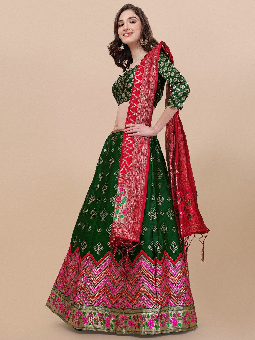 Lorenvalley Fashion Green Brocade Fabric Lehenga & Unstitched Blouse With Dupatta - Distacart