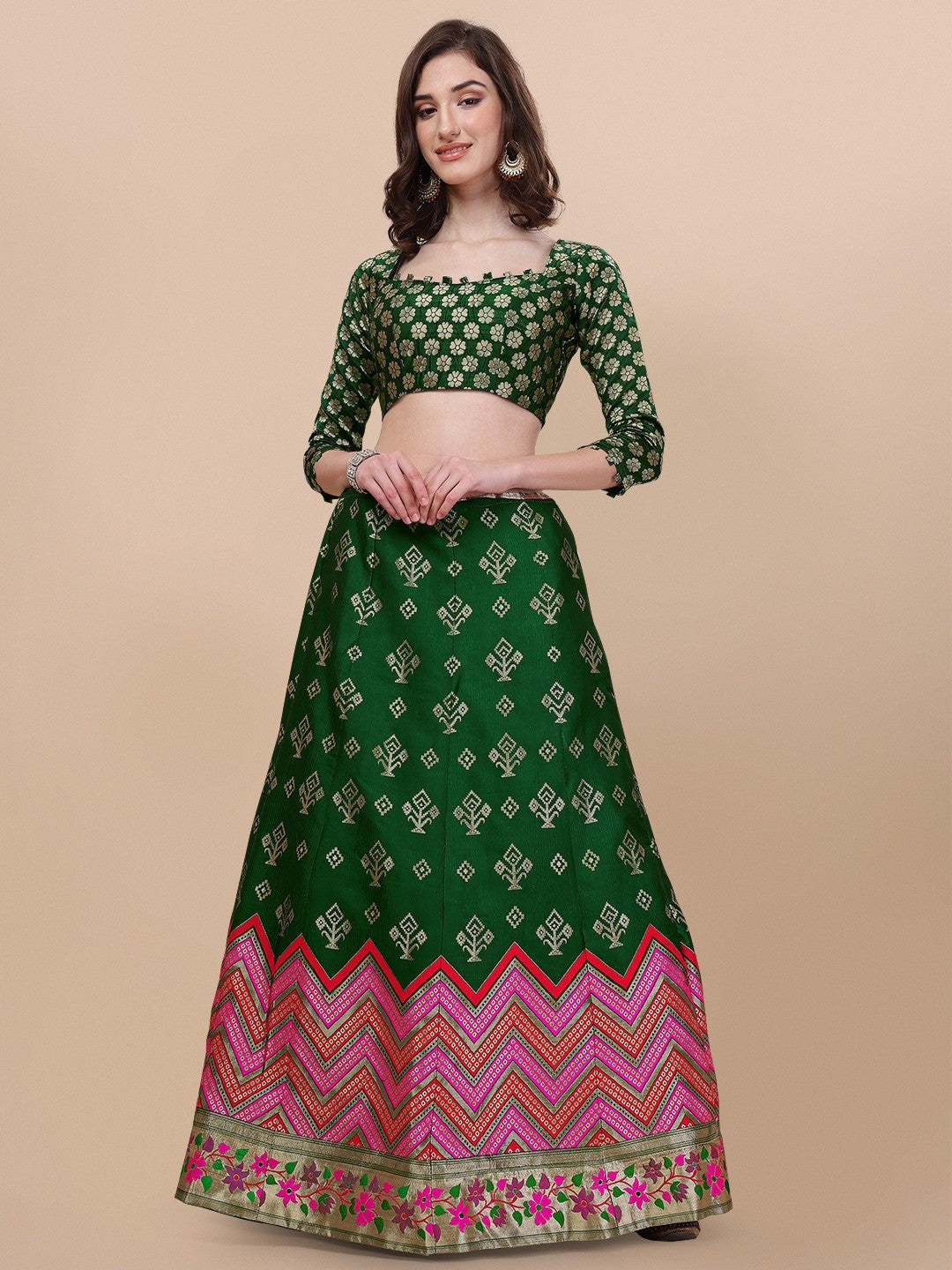 Lorenvalley Fashion Green Brocade Fabric Lehenga & Unstitched Blouse With Dupatta - Distacart