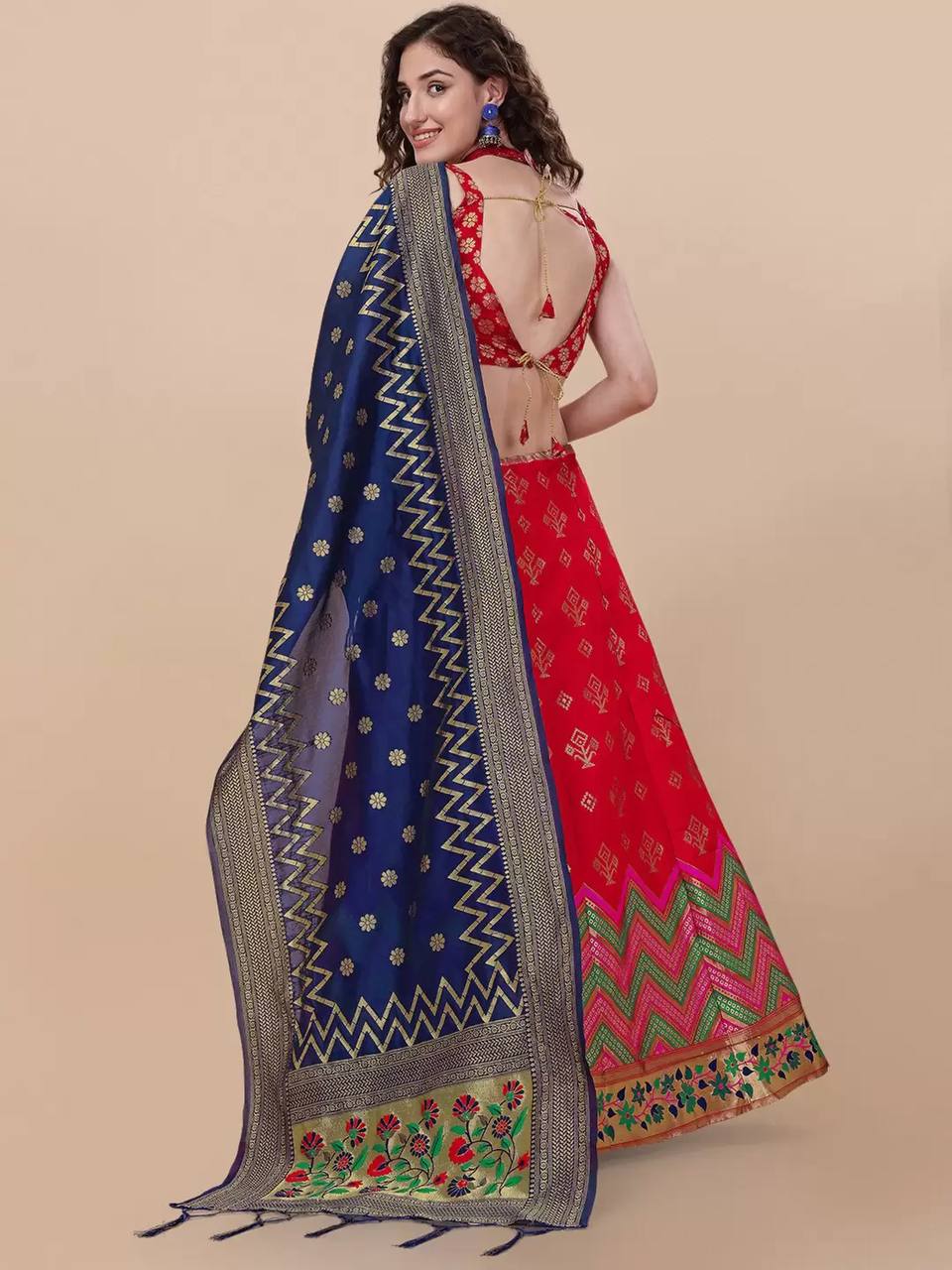 Lorenvalley Fashion Red Brocade Fabric Lehenga & Unstitched Blouse With Dupatta - Distacart