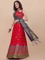 Thumbnail for Lorenvalley Fashion Red Brocade Fabric Lehenga & Unstitched Blouse With Dupatta - Distacart