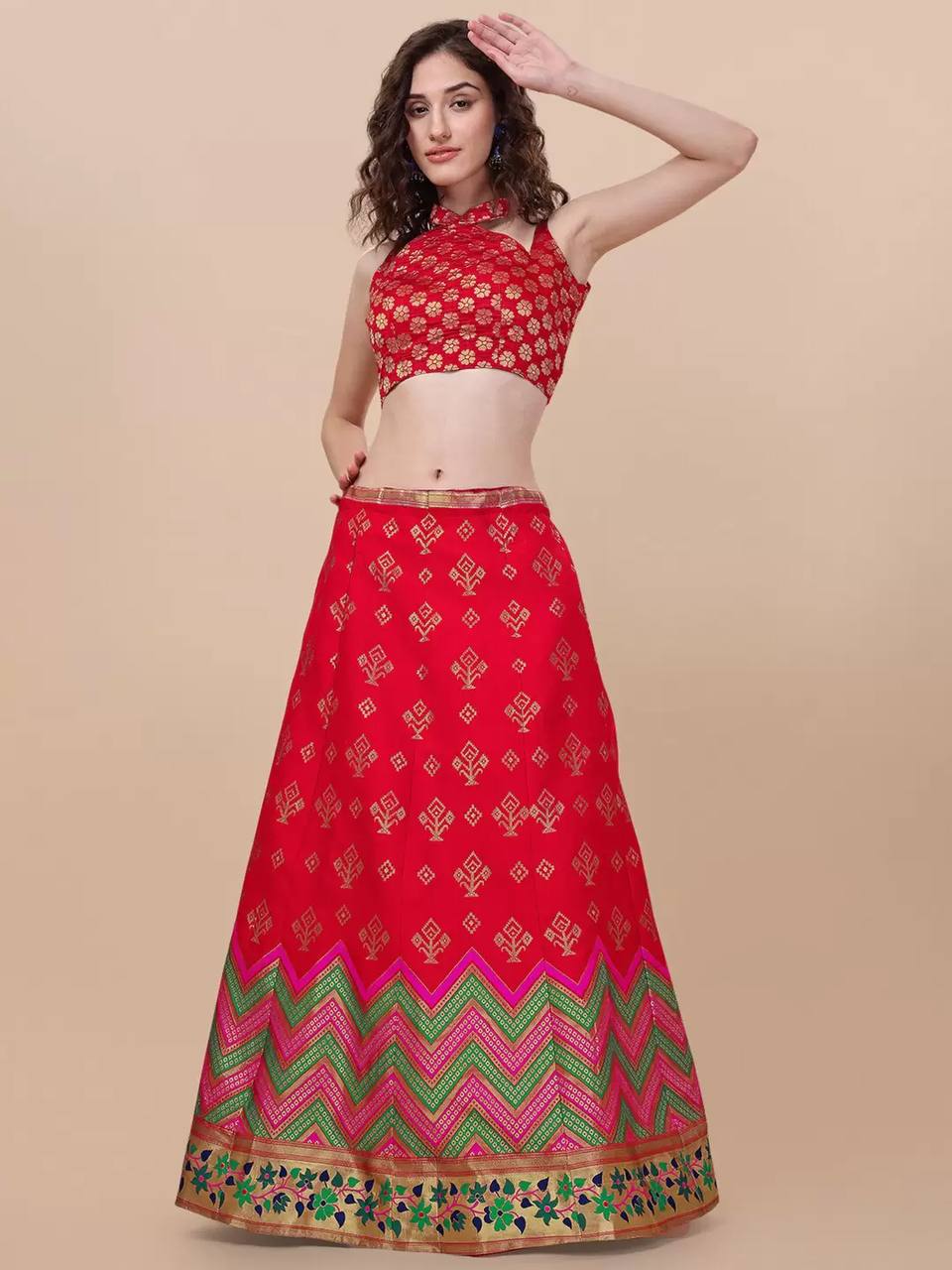Lorenvalley Fashion Red Brocade Fabric Lehenga & Unstitched Blouse With Dupatta - Distacart