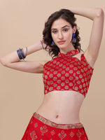 Thumbnail for Lorenvalley Fashion Red Brocade Fabric Lehenga & Unstitched Blouse With Dupatta - Distacart