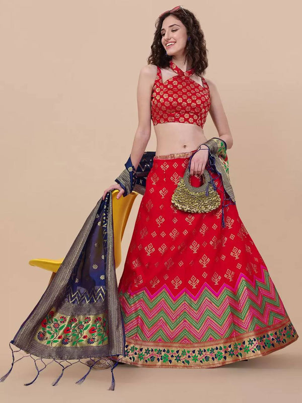 Lorenvalley Fashion Red Brocade Fabric Lehenga & Unstitched Blouse With Dupatta - Distacart
