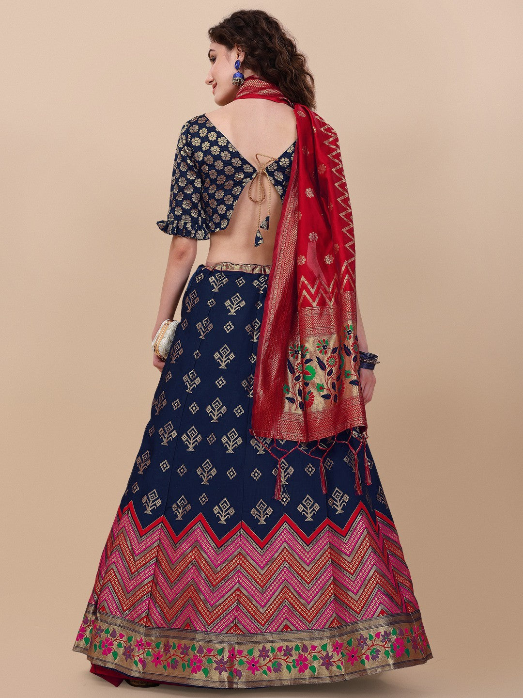 Lorenvalley Fashion Blue Brocade Fabric Lehenga & Unstitched Blouse With Dupatta - Distacart