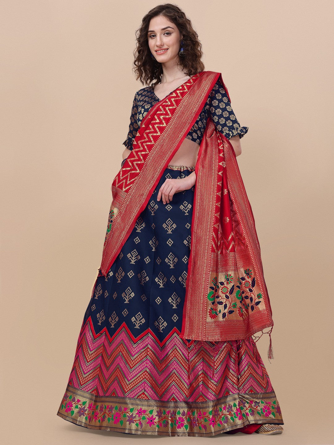 Lorenvalley Fashion Blue Brocade Fabric Lehenga & Unstitched Blouse With Dupatta - Distacart