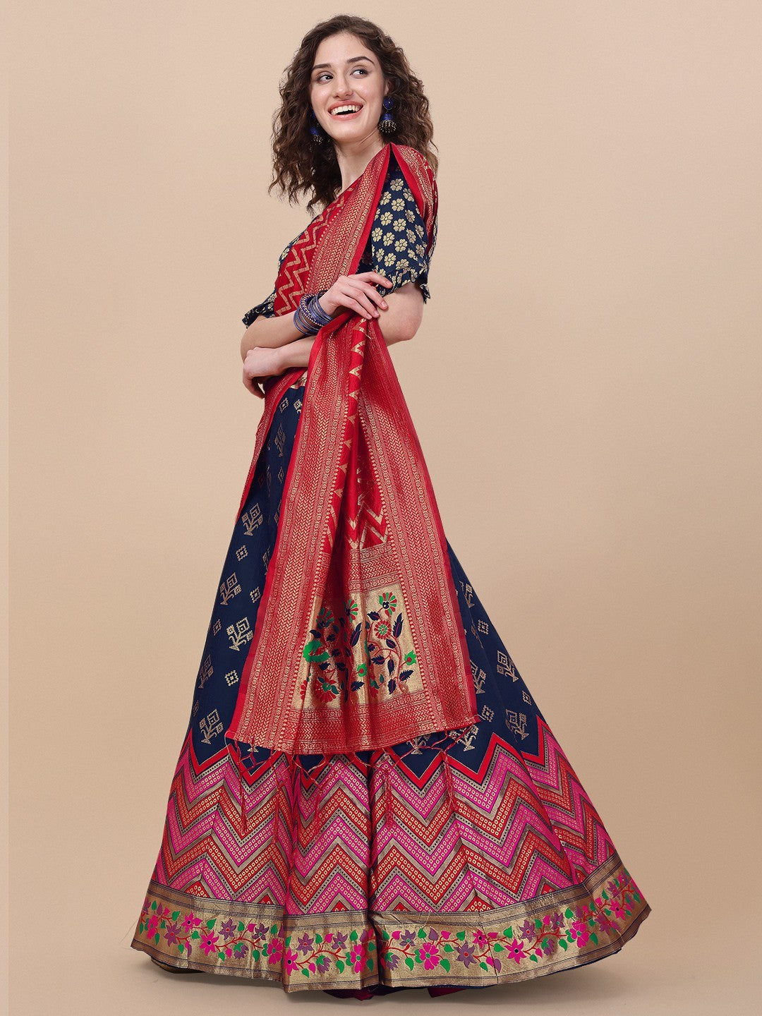 Lorenvalley Fashion Blue Brocade Fabric Lehenga & Unstitched Blouse With Dupatta - Distacart