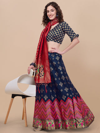 Lorenvalley Fashion Blue Brocade Fabric Lehenga & Unstitched Blouse With Dupatta - Distacart