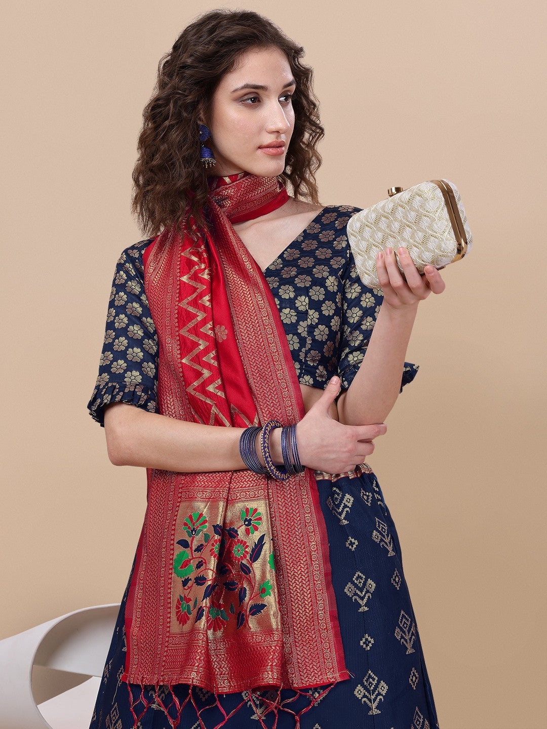 Lorenvalley Fashion Blue Brocade Fabric Lehenga & Unstitched Blouse With Dupatta - Distacart