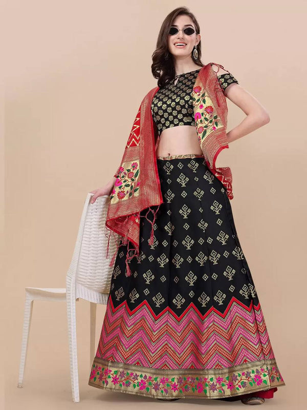 Lorenvalley Fashion Black Brocade Fabric Lehenga & Unstitched Blouse With Dupatta - Distacart