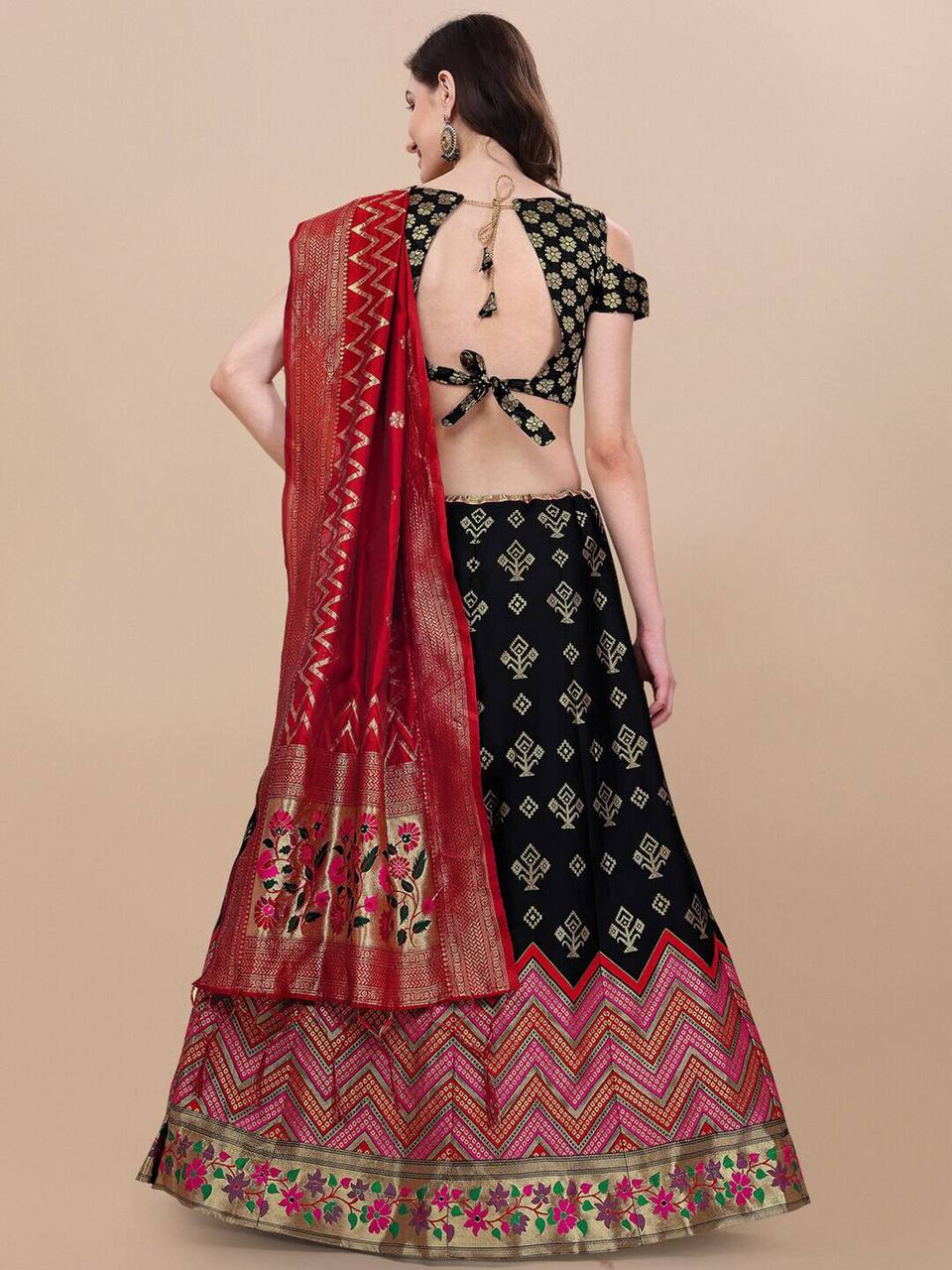 Lorenvalley Fashion Black Brocade Fabric Lehenga & Unstitched Blouse With Dupatta - Distacart