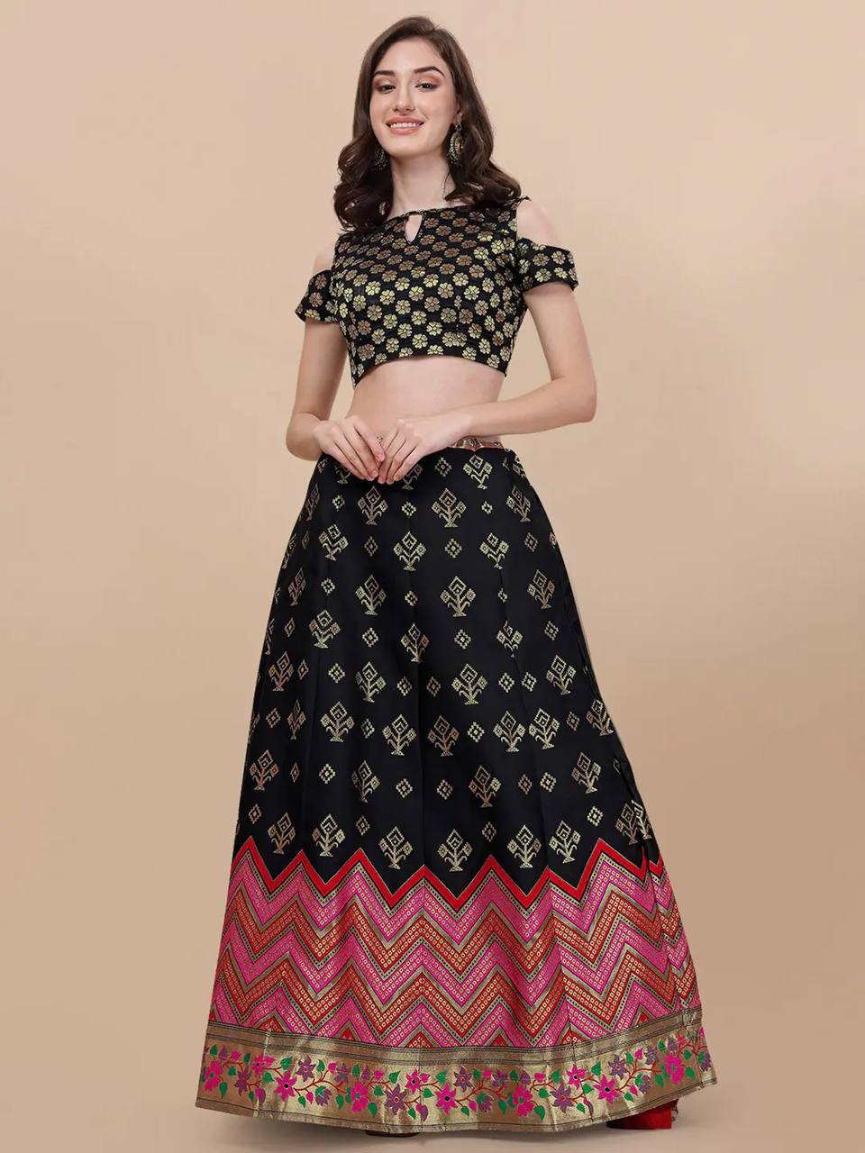 Lorenvalley Fashion Black Brocade Fabric Lehenga & Unstitched Blouse With Dupatta - Distacart
