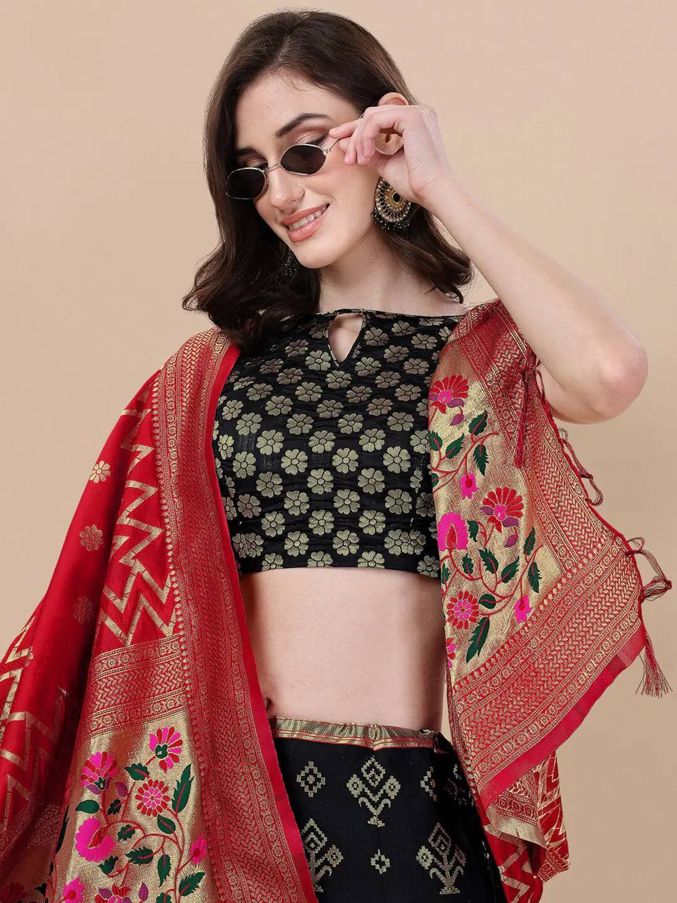 Lorenvalley Fashion Black Brocade Fabric Lehenga & Unstitched Blouse With Dupatta - Distacart