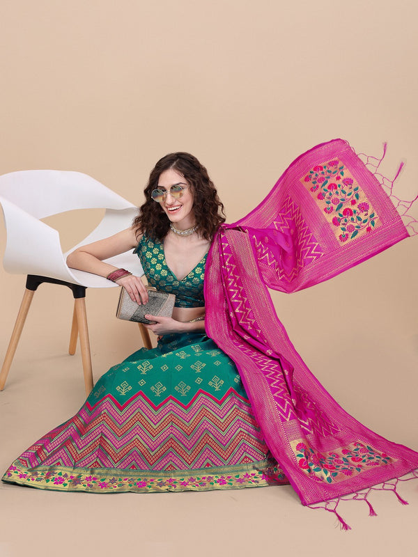 Lorenvalley Fashion Teal Brocade Fabric Lehenga & Unstitched Blouse With Dupatta - Distacart