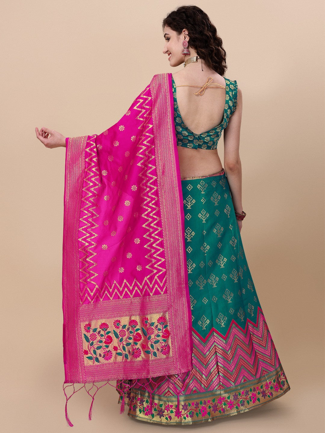 Lorenvalley Fashion Teal Brocade Fabric Lehenga & Unstitched Blouse With Dupatta - Distacart