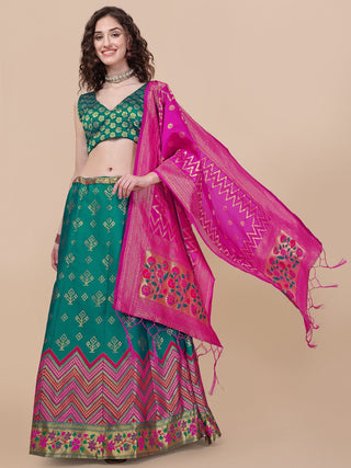 Lorenvalley Fashion Teal Brocade Fabric Lehenga & Unstitched Blouse With Dupatta - Distacart