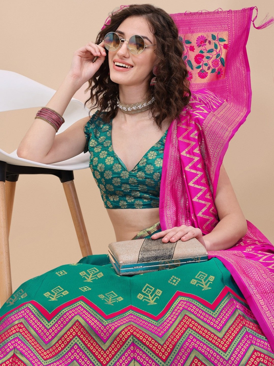 Lorenvalley Fashion Teal Brocade Fabric Lehenga & Unstitched Blouse With Dupatta - Distacart