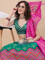 Thumbnail for Lorenvalley Fashion Teal Brocade Fabric Lehenga & Unstitched Blouse With Dupatta - Distacart