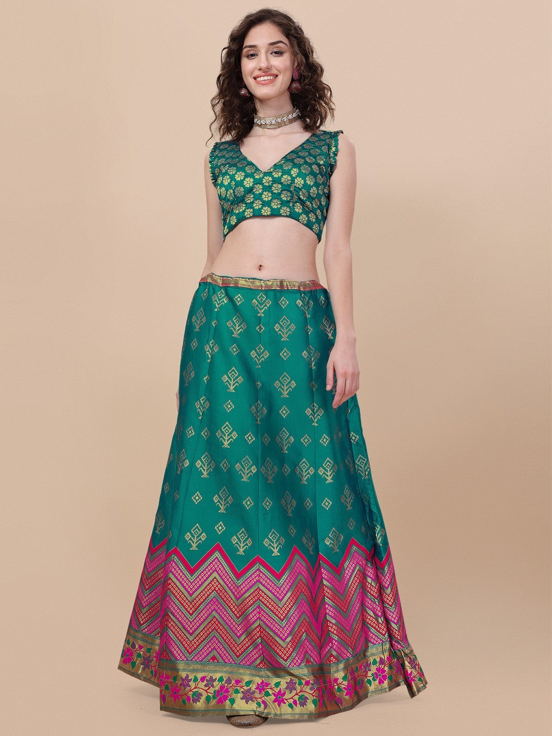 Lorenvalley Fashion Teal Brocade Fabric Lehenga & Unstitched Blouse With Dupatta - Distacart