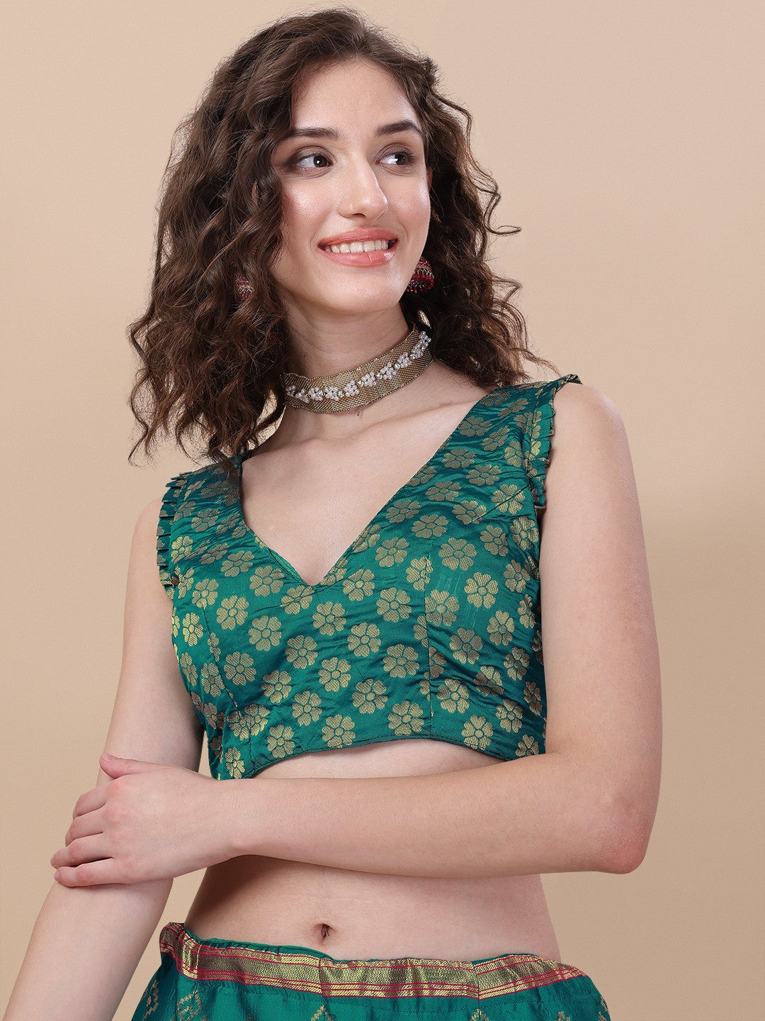 Lorenvalley Fashion Teal Brocade Fabric Lehenga & Unstitched Blouse With Dupatta - Distacart