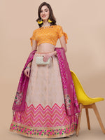 Thumbnail for Lorenvalley Fashion Peach Brocade Fabric Lehenga & Unstitched Blouse With Dupatta - Distacart