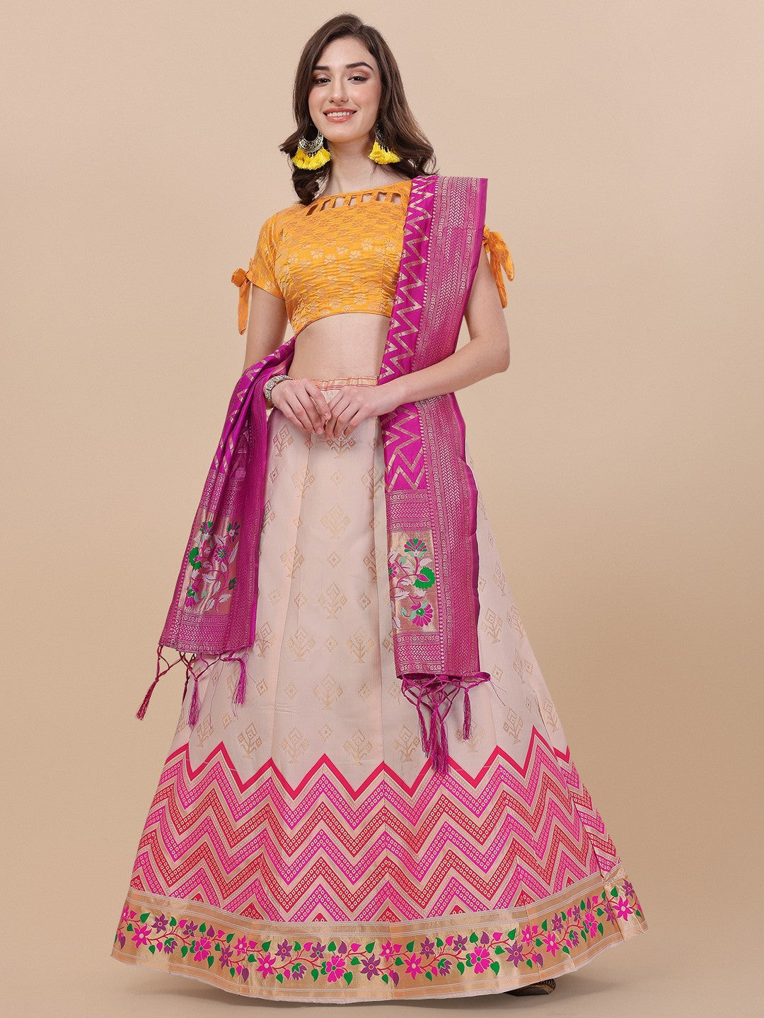 Lorenvalley Fashion Peach Brocade Fabric Lehenga & Unstitched Blouse With Dupatta - Distacart