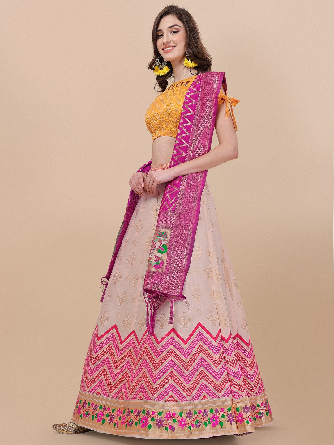 Lorenvalley Fashion Peach Brocade Fabric Lehenga & Unstitched Blouse With Dupatta - Distacart