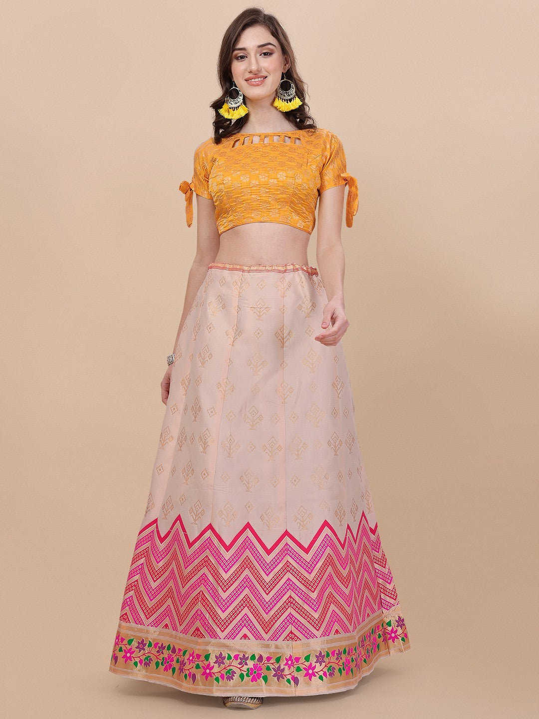Lorenvalley Fashion Peach Brocade Fabric Lehenga & Unstitched Blouse With Dupatta - Distacart