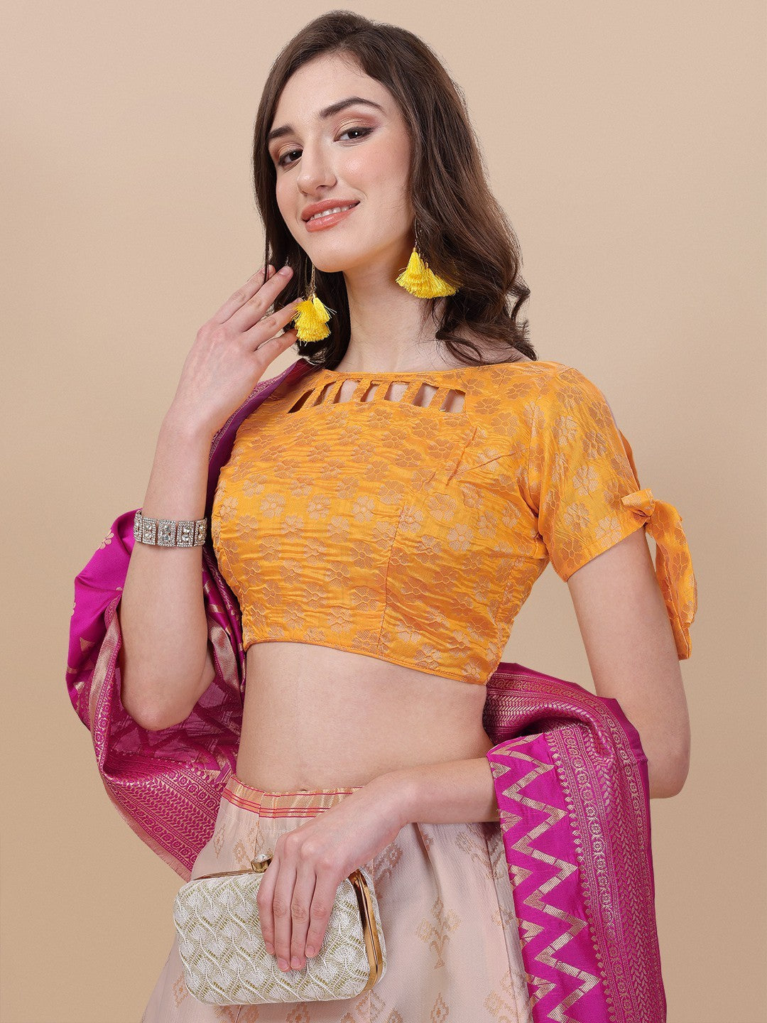Lorenvalley Fashion Peach Brocade Fabric Lehenga & Unstitched Blouse With Dupatta - Distacart