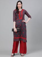 Thumbnail for ADA Women Charcoal Grey & Red Chikankari Hand Embroidered Cotton Straight Sustainable Handloom Kurta - Distacart