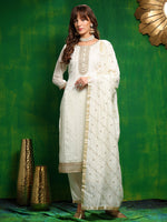 Thumbnail for Sequinned Embroidered Silk Blend Kurta With Pant & Embroidered Dupatta, White - Hiral Fashion - Distacart