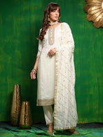 Thumbnail for Sequinned Embroidered Silk Blend Kurta With Pant & Embroidered Dupatta, White - Hiral Fashion - Distacart
