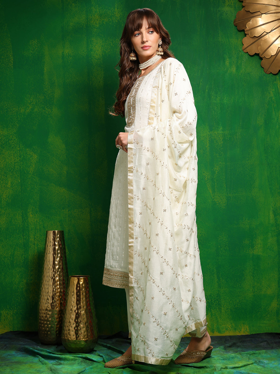 Sequinned Embroidered Silk Blend Kurta With Pant & Embroidered Dupatta, White - Hiral Fashion - Distacart