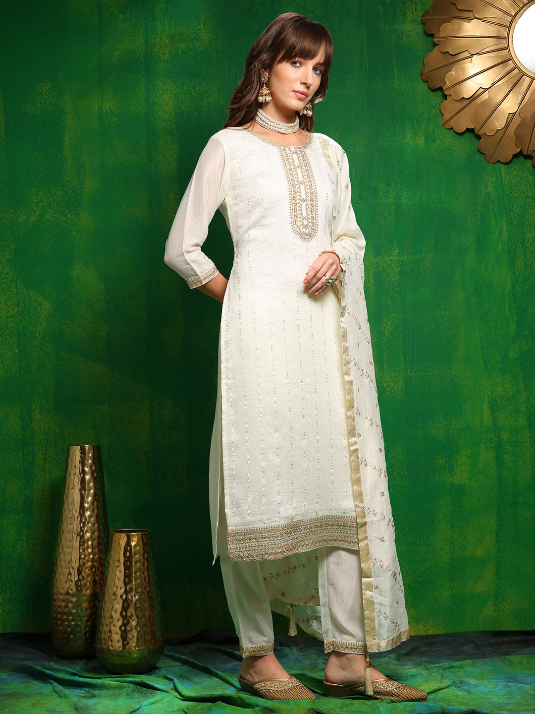 Sequinned Embroidered Silk Blend Kurta With Pant & Embroidered Dupatta, White - Hiral Fashion - Distacart