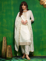 Thumbnail for Sequinned Embroidered Silk Blend Kurta With Pant & Embroidered Dupatta, White - Hiral Fashion - Distacart